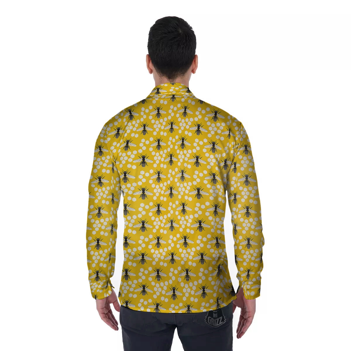 Honeycomb Bee Print Pattern Men's Long Sleeve Shirts-grizzshop