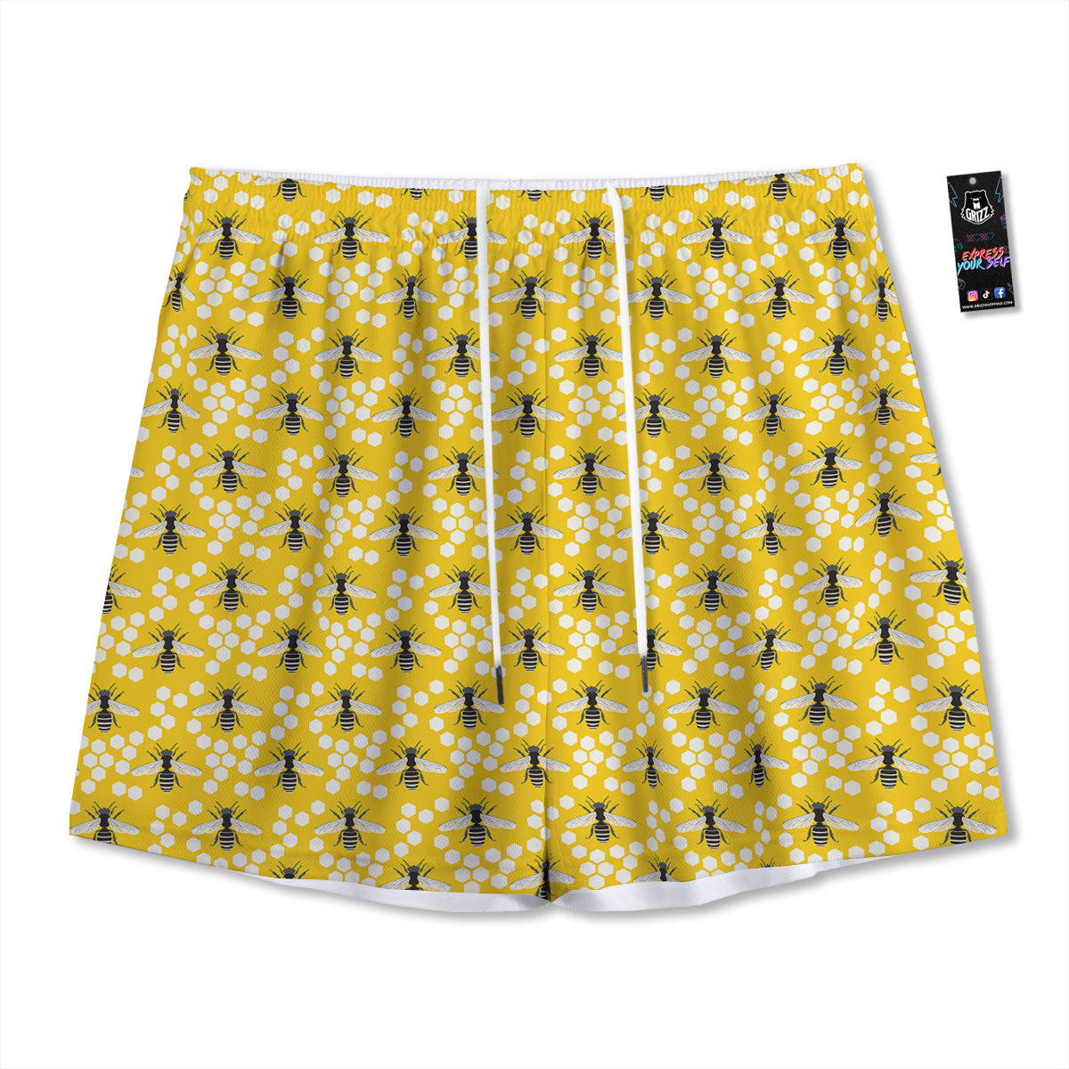 Honeycomb Bee Print Pattern Mesh Shorts-grizzshop