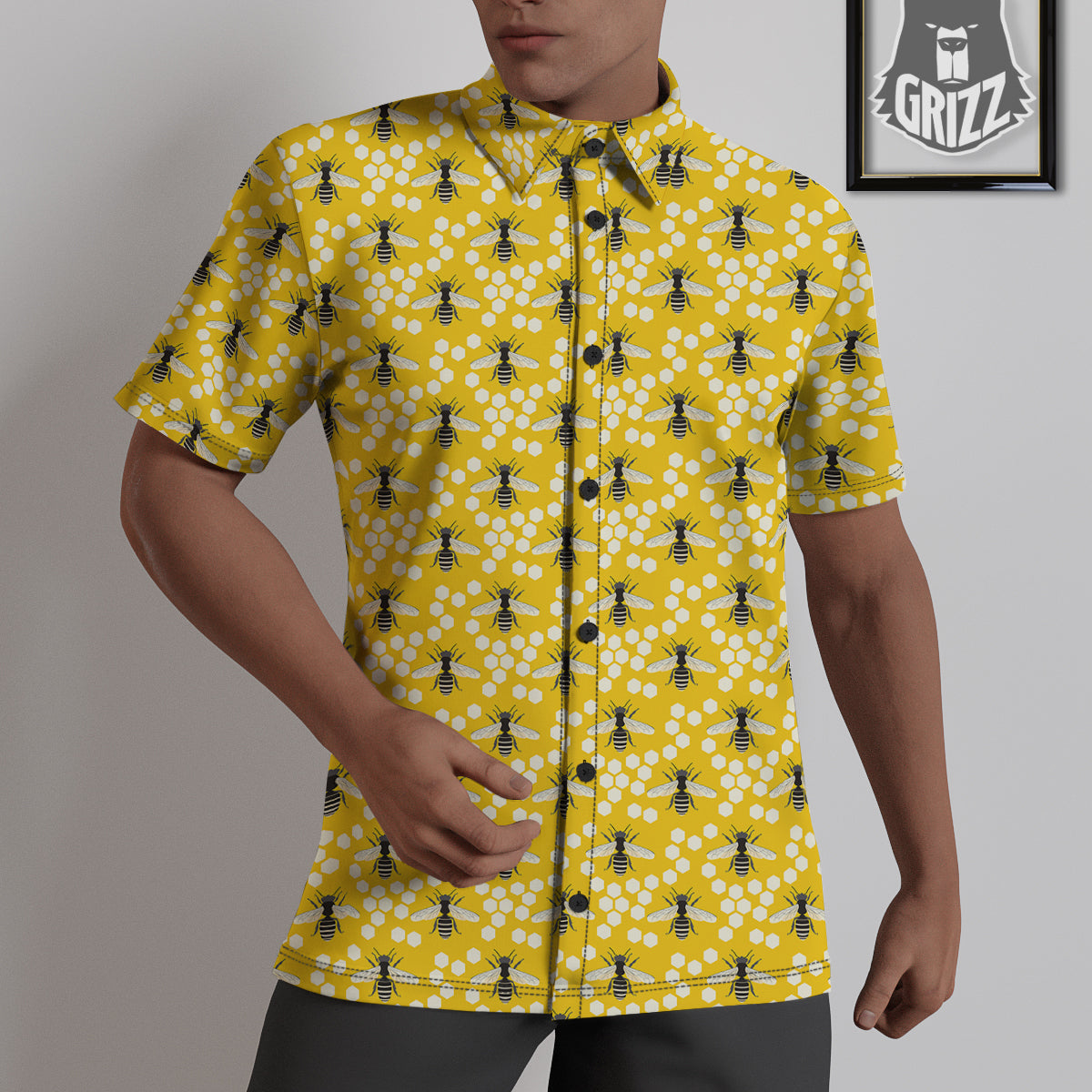 Honeycomb Bee Print Pattern Untucked Shirts-grizzshop