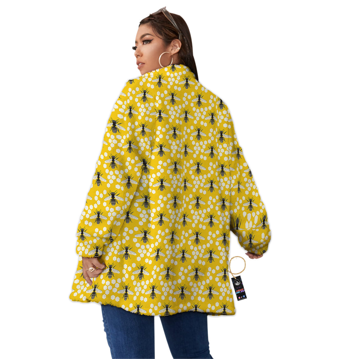 Honeycomb Bee Print Pattern Women's Sherpa Jacket-grizzshop