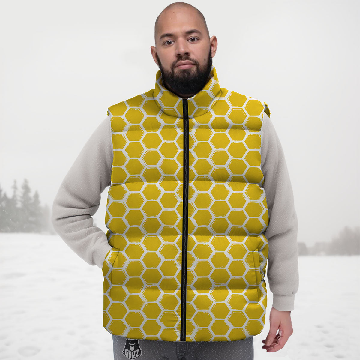 Honeycomb Print Pattern Down Vest-grizzshop