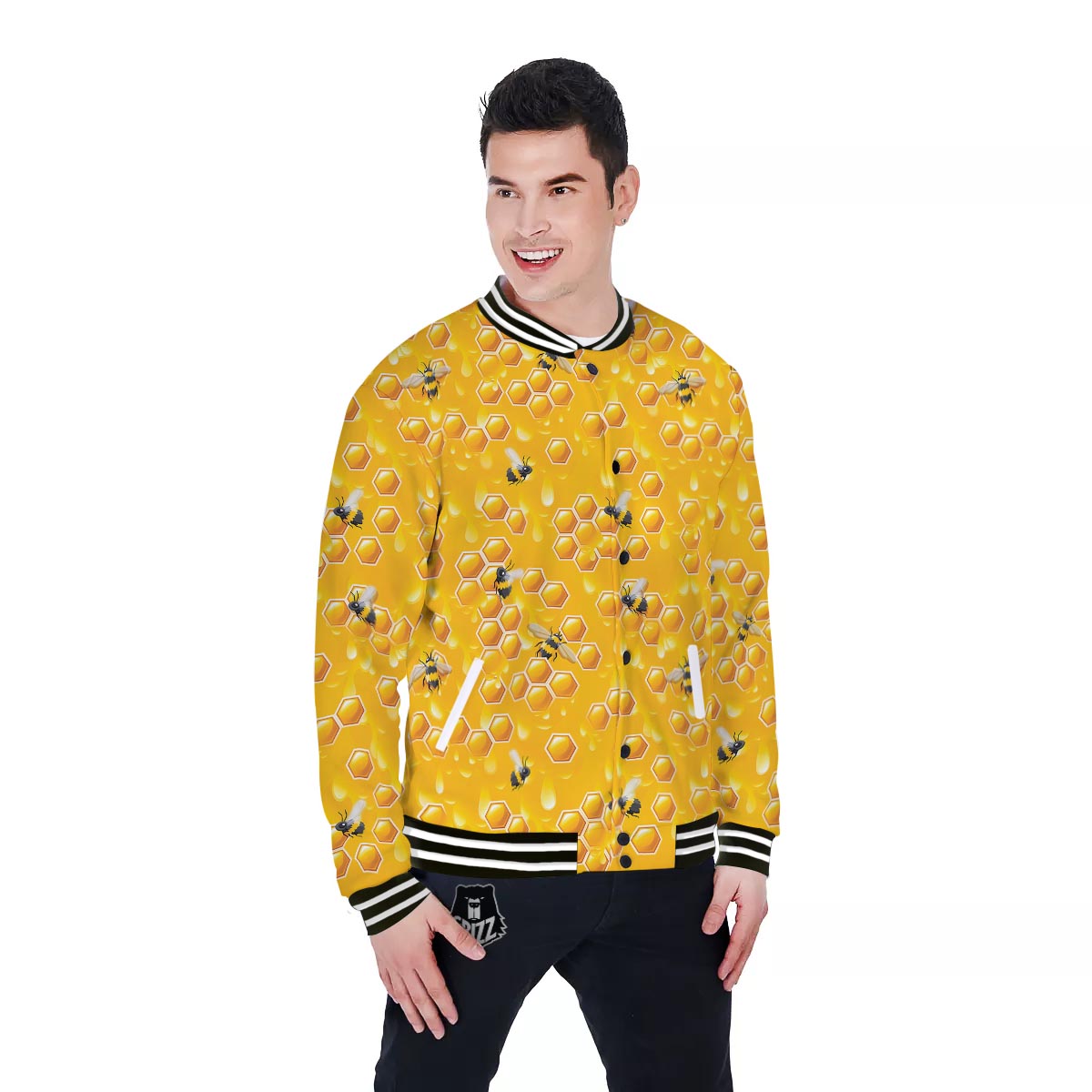 Honeycomb Sweet Honey Print Pattern Baseball Jacket-grizzshop