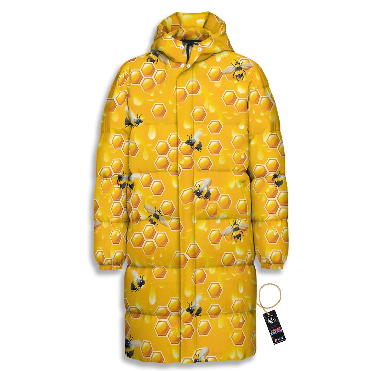 Honeycomb Sweet Honey Print Pattern Long Down Jacket-grizzshop