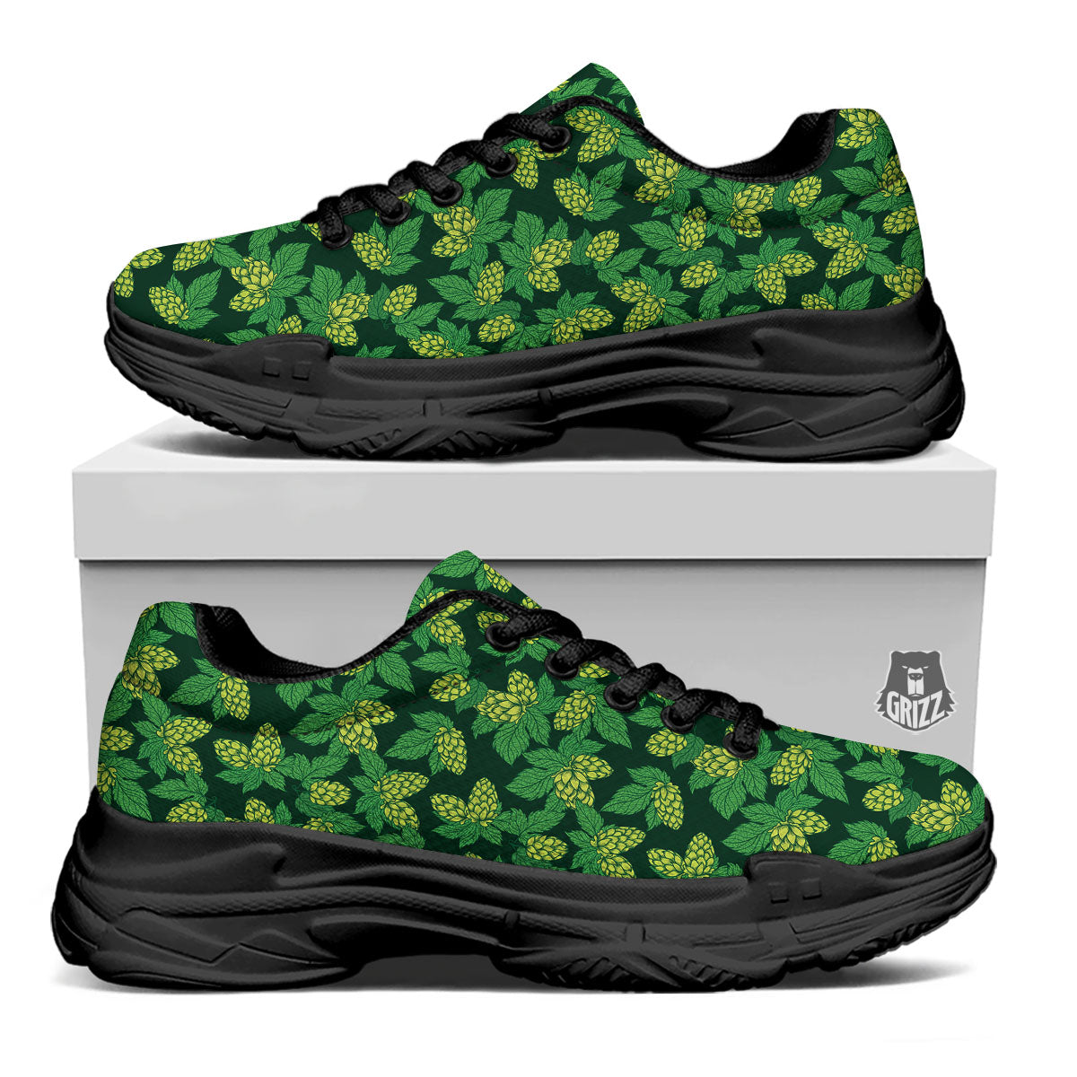 Hop Cone Green Print Pattern Black Chunky Shoes-grizzshop
