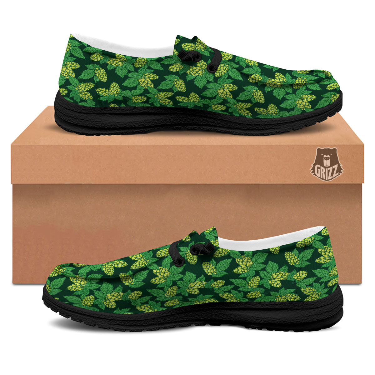 Hop Cone Green Print Pattern Black Loafers-grizzshop