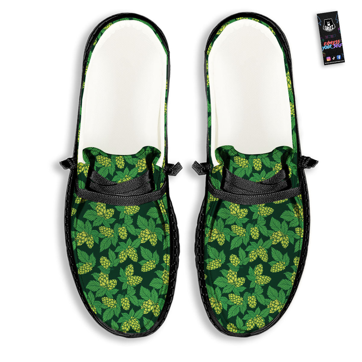 Hop Cone Green Print Pattern Black Loafers-grizzshop