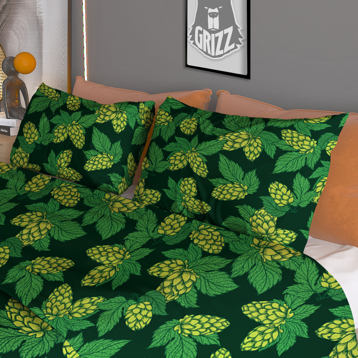 Hop Cone Green Print Pattern Duvet Cover Bedding Set