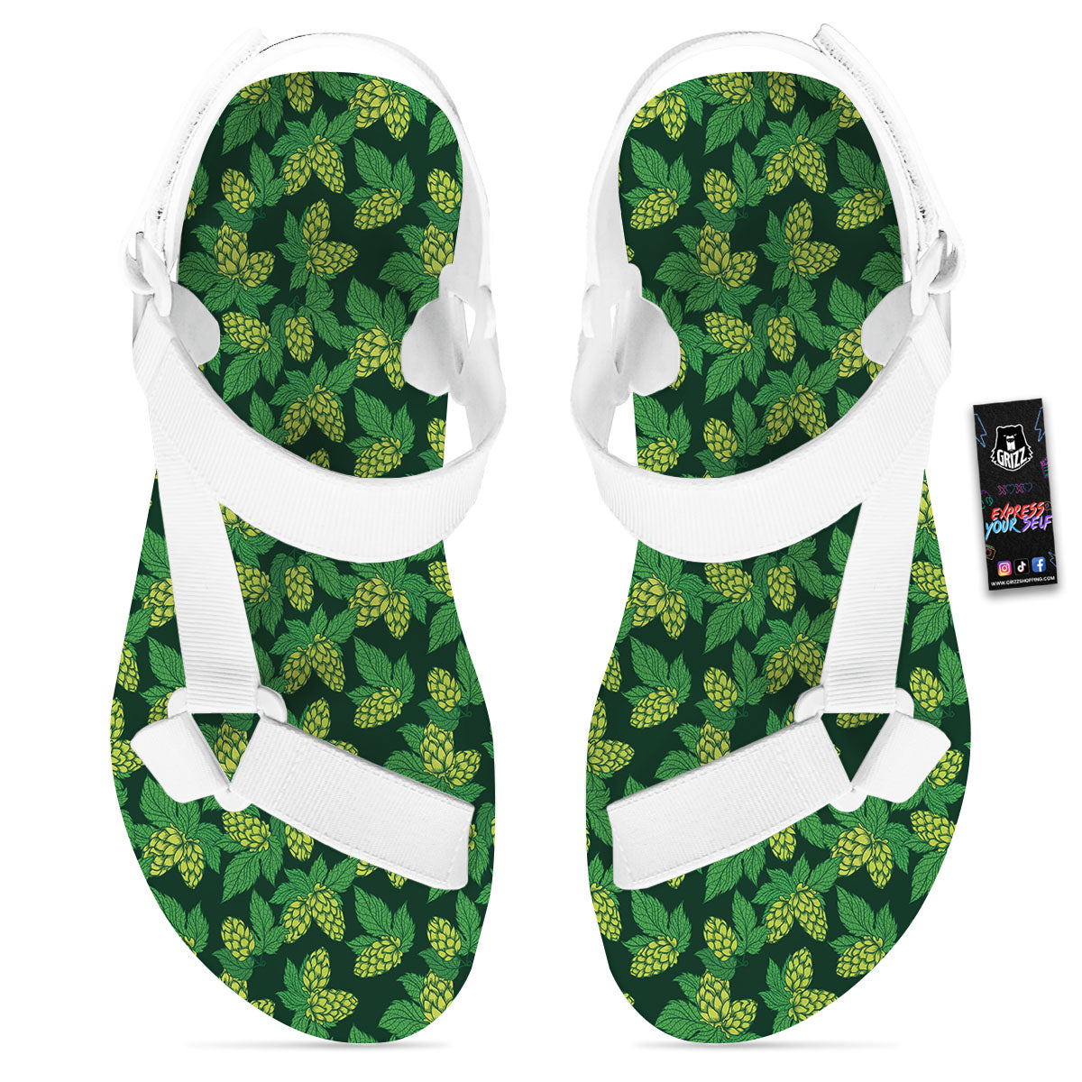 Hop Cone Green Print Pattern White Open Toe Sandals-grizzshop