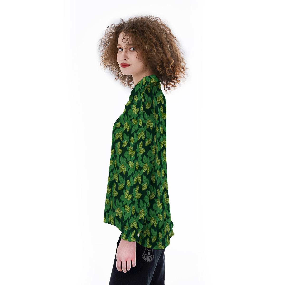 Hop Cone Green Print Pattern Women's Long Sleeve Shirts-grizzshop