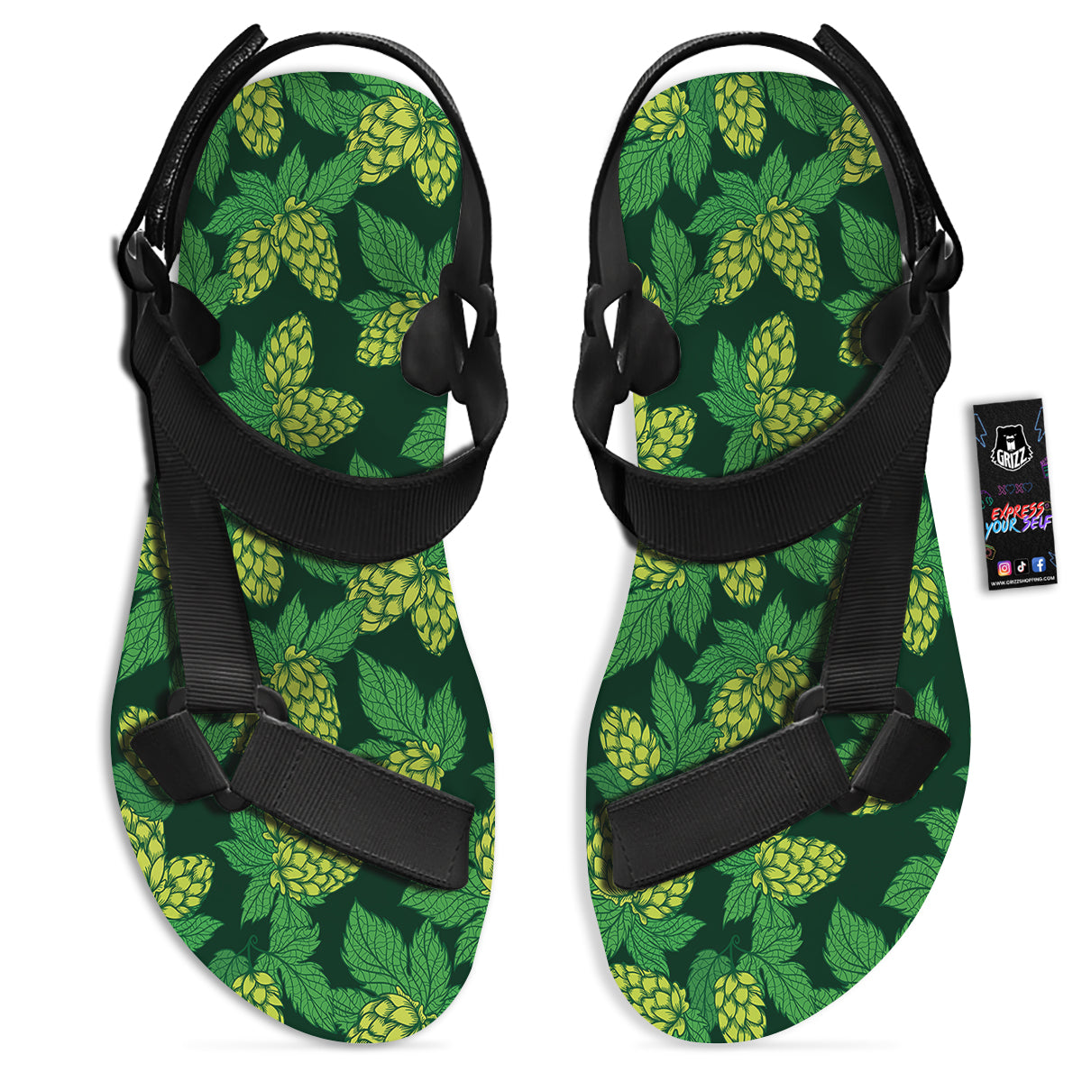 Hop Cone Vintage Print Pattern Black Open Toe Sandals-grizzshop