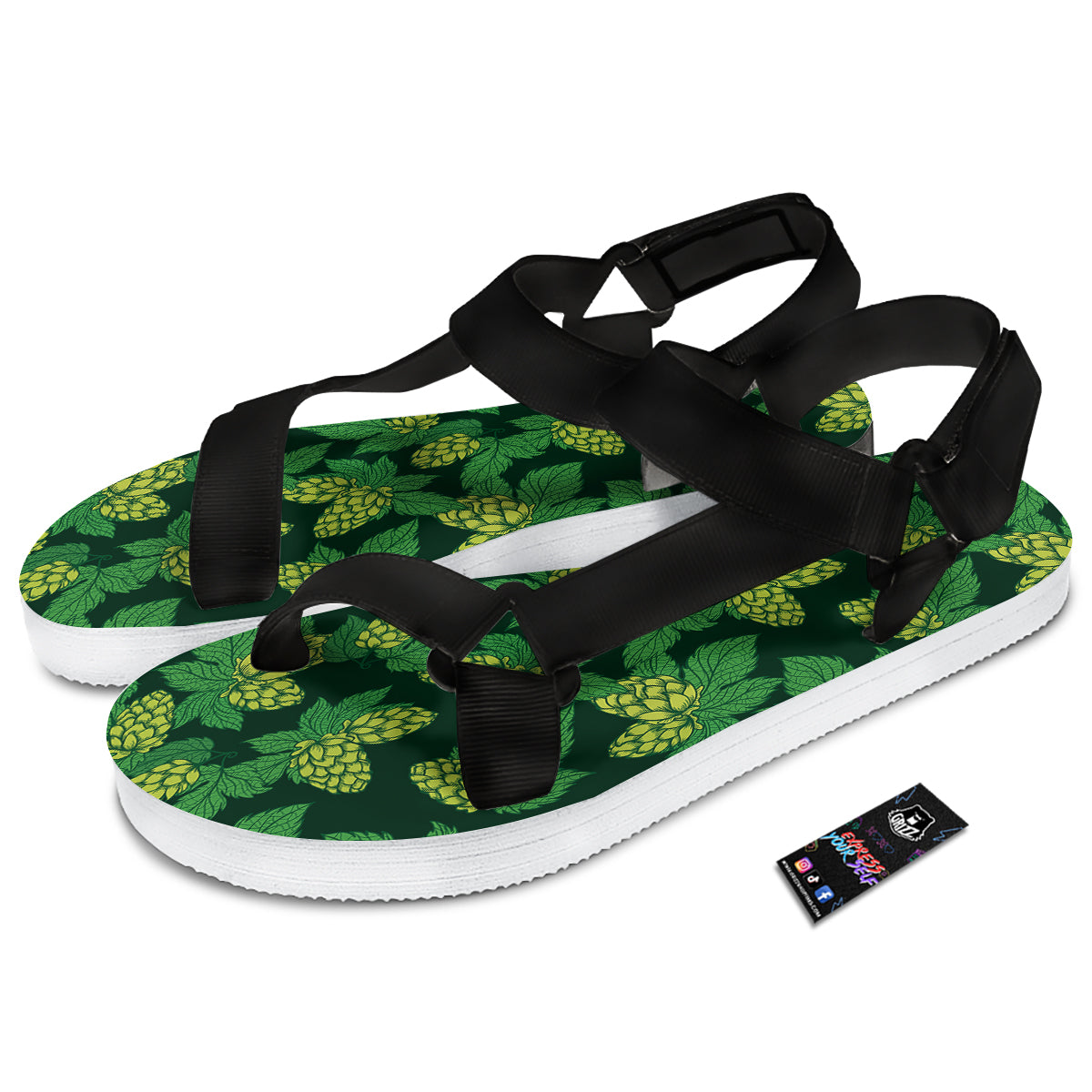 Hop Cone Vintage Print Pattern Black Open Toe Sandals-grizzshop