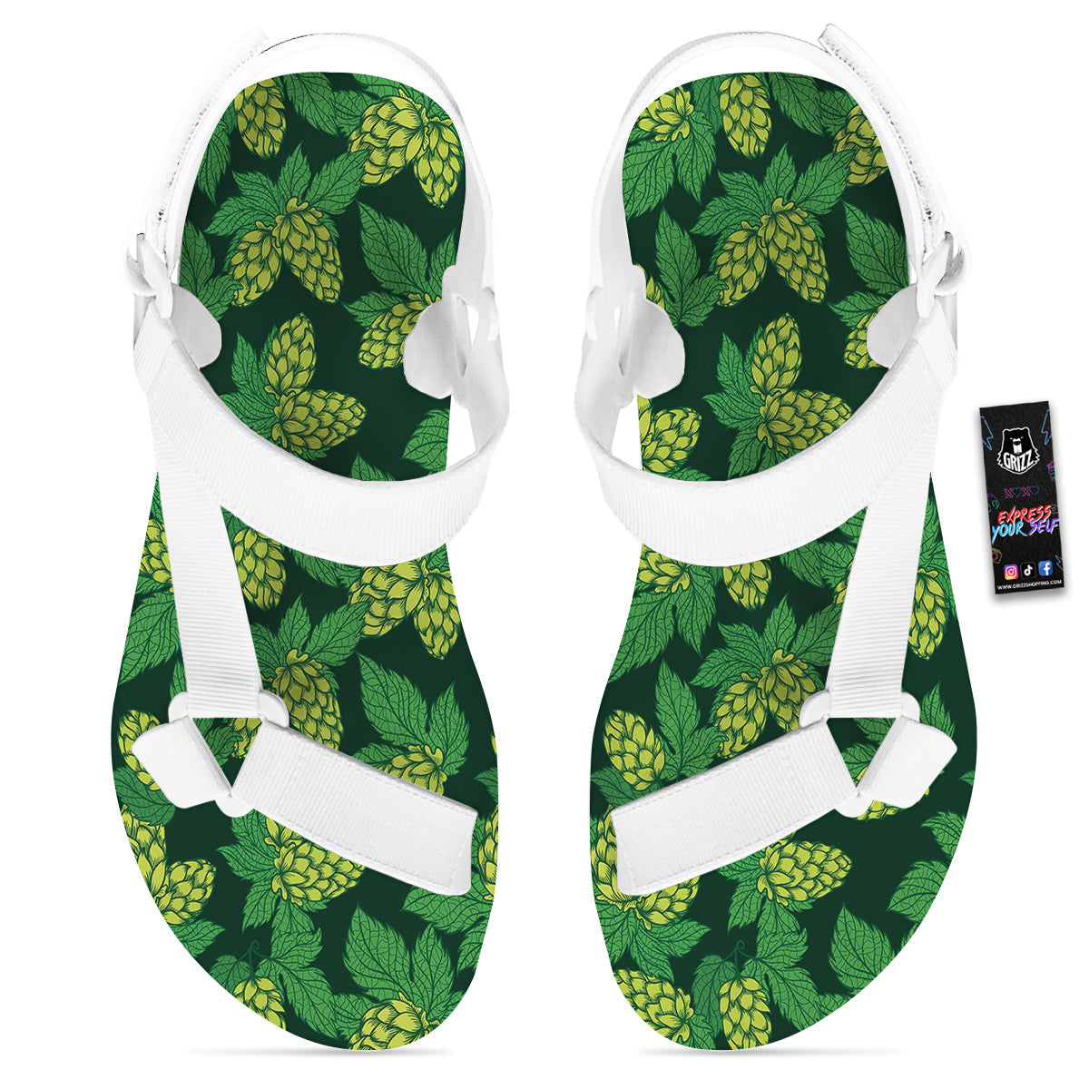 Hop Cone Vintage Print Pattern White Open Toe Sandals-grizzshop