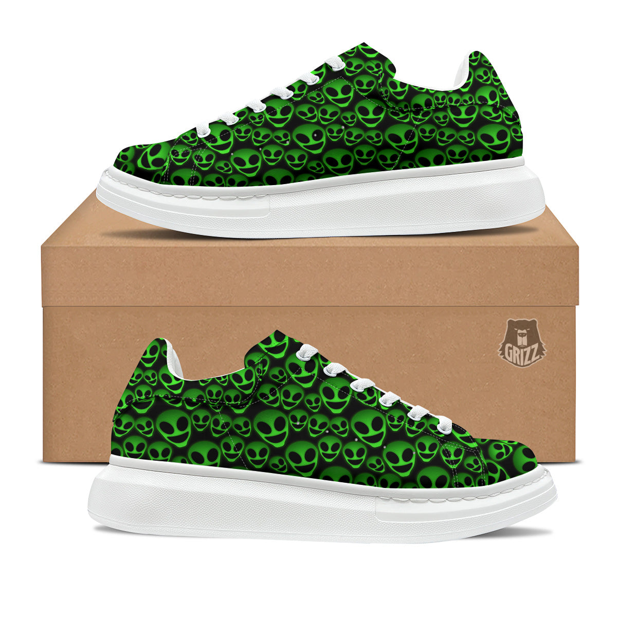 Horror Alien Green Neon Print Pattern Platform Shoes-grizzshop