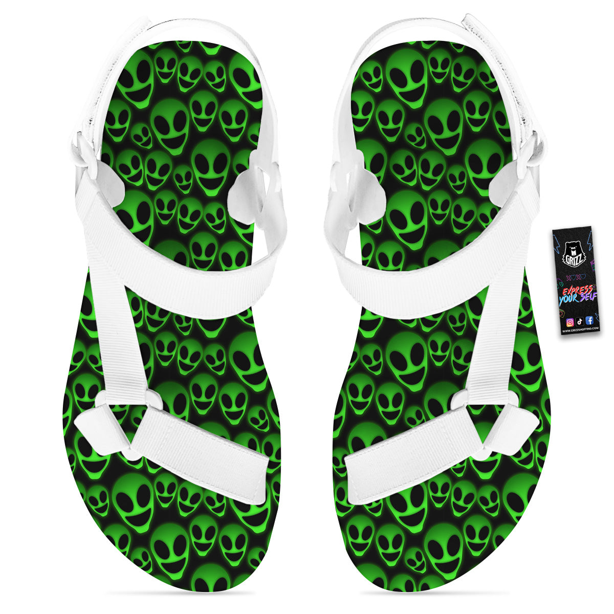 Horror Alien Green Neon Print Pattern White Open Toe Sandals-grizzshop