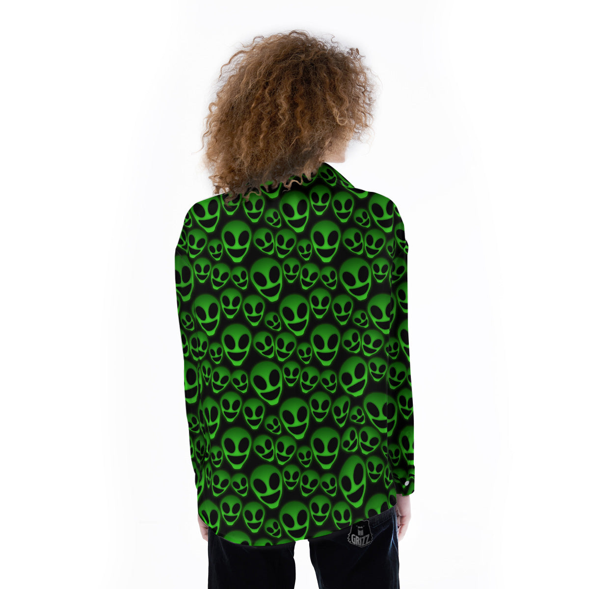Horror Alien Green Neon Print Pattern Women's Long Sleeve Shirts-grizzshop