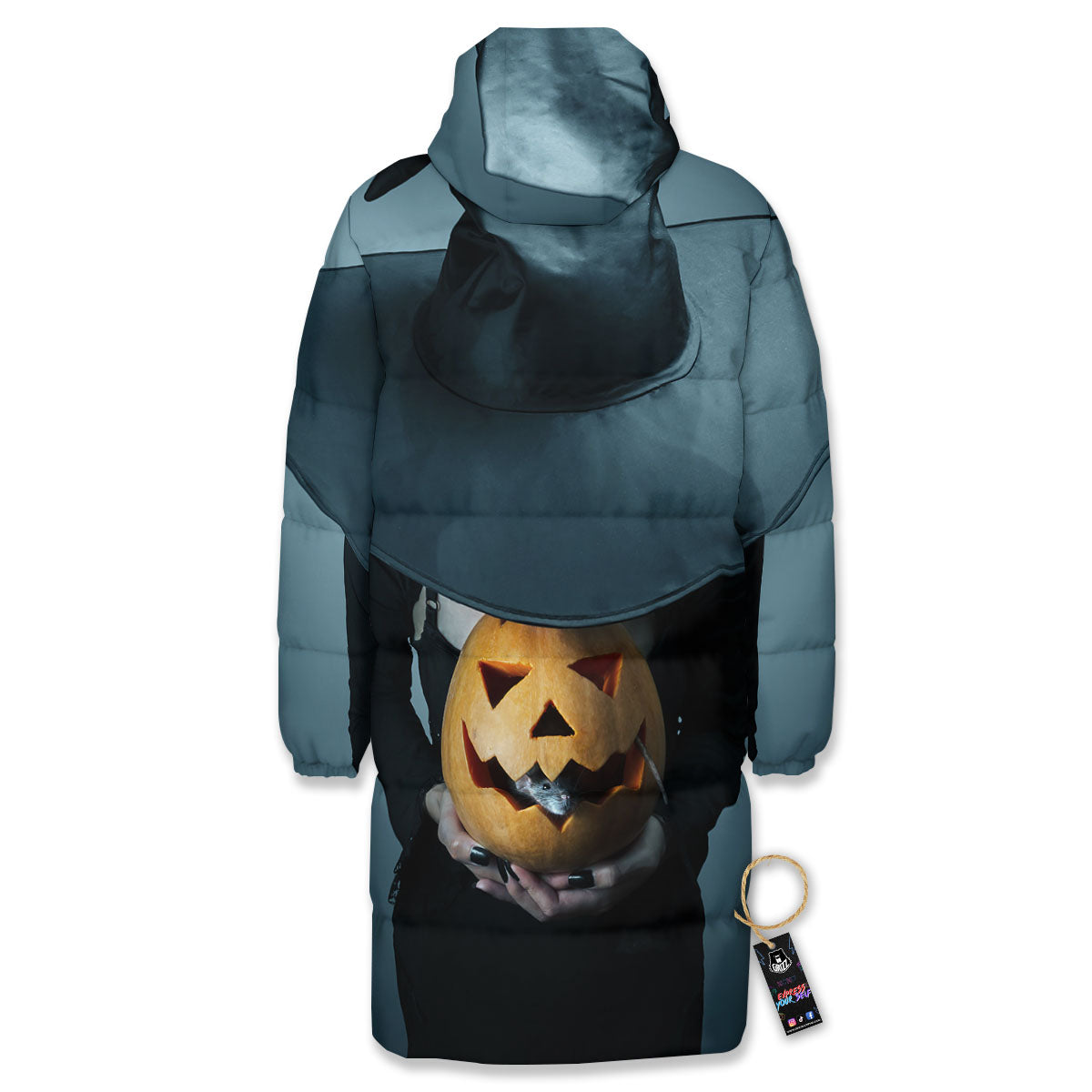 Horror Witch Halloween Print Long Down Jacket-grizzshop