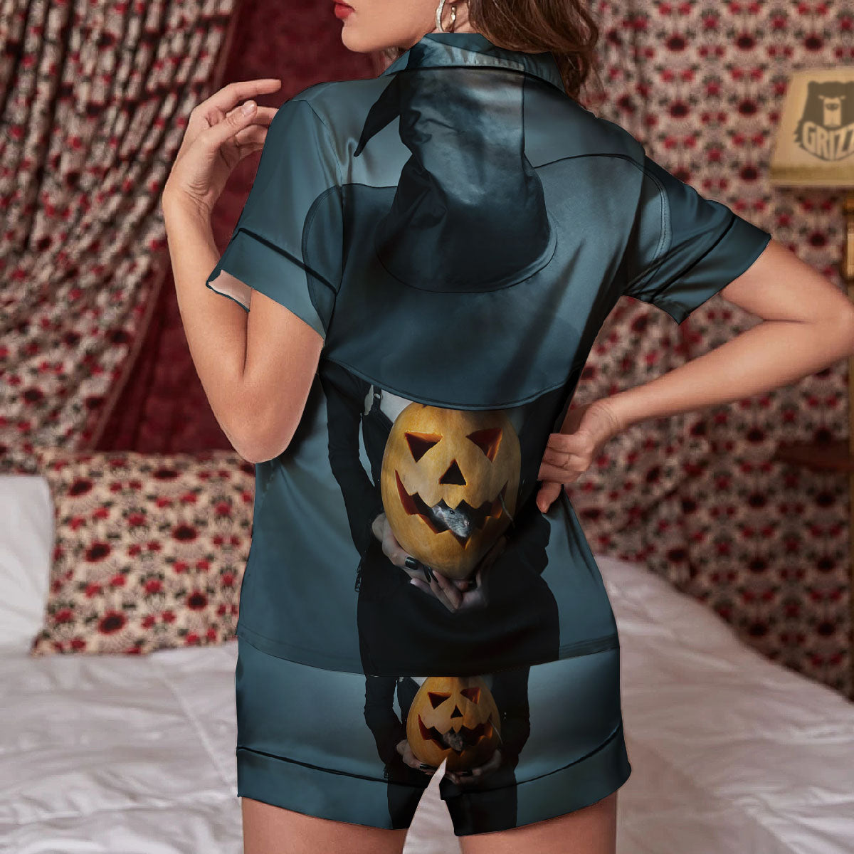 Horror Witch Halloween Print Women Silk Pajamas-grizzshop