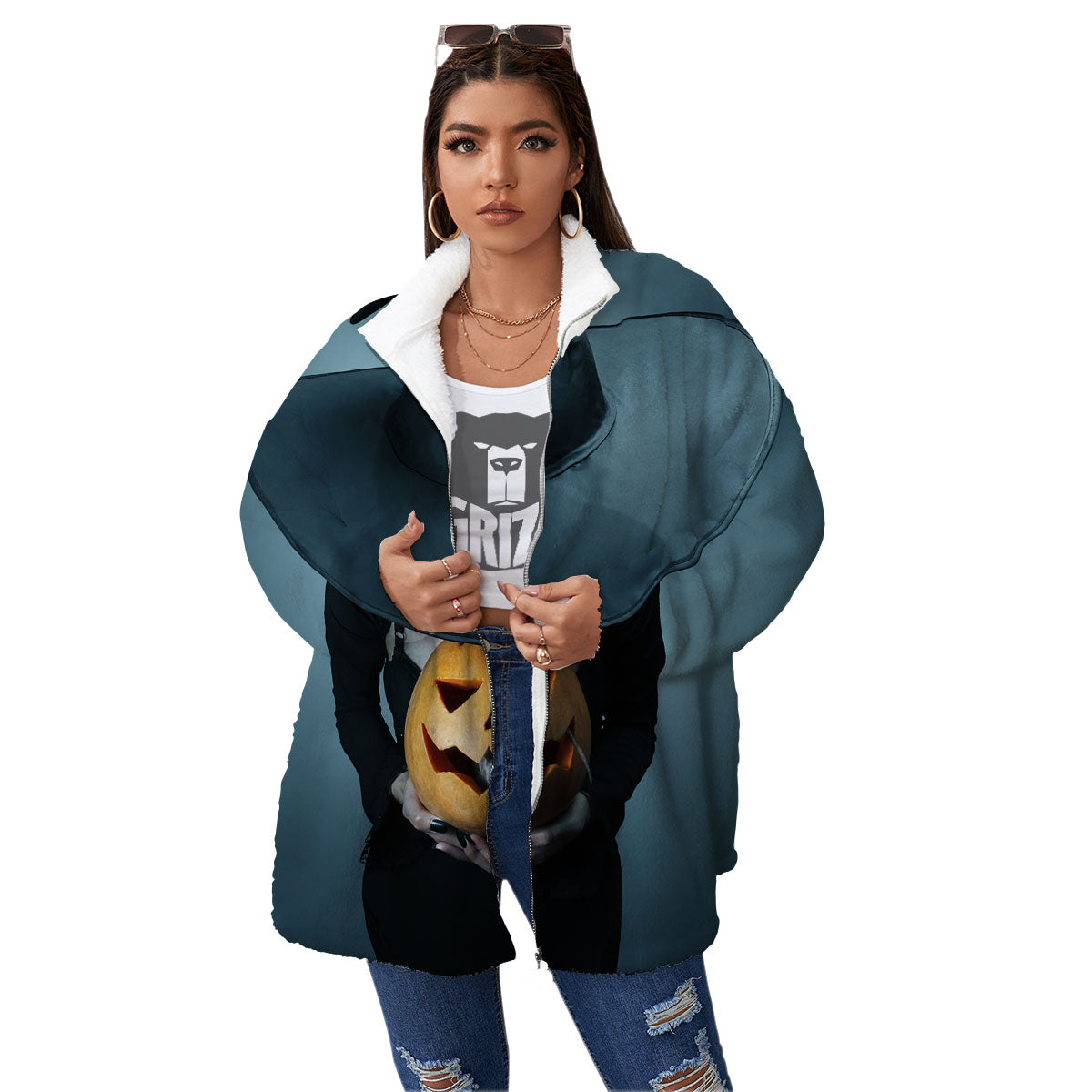 Horror Witch Halloween Print Women's Sherpa Jacket-grizzshop