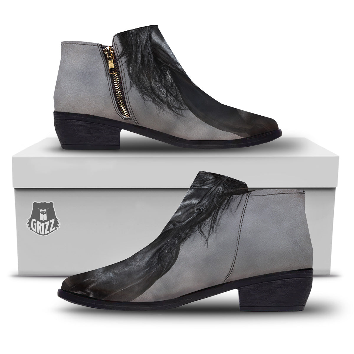 Horse Black Stallion Print Ankle Boots-grizzshop