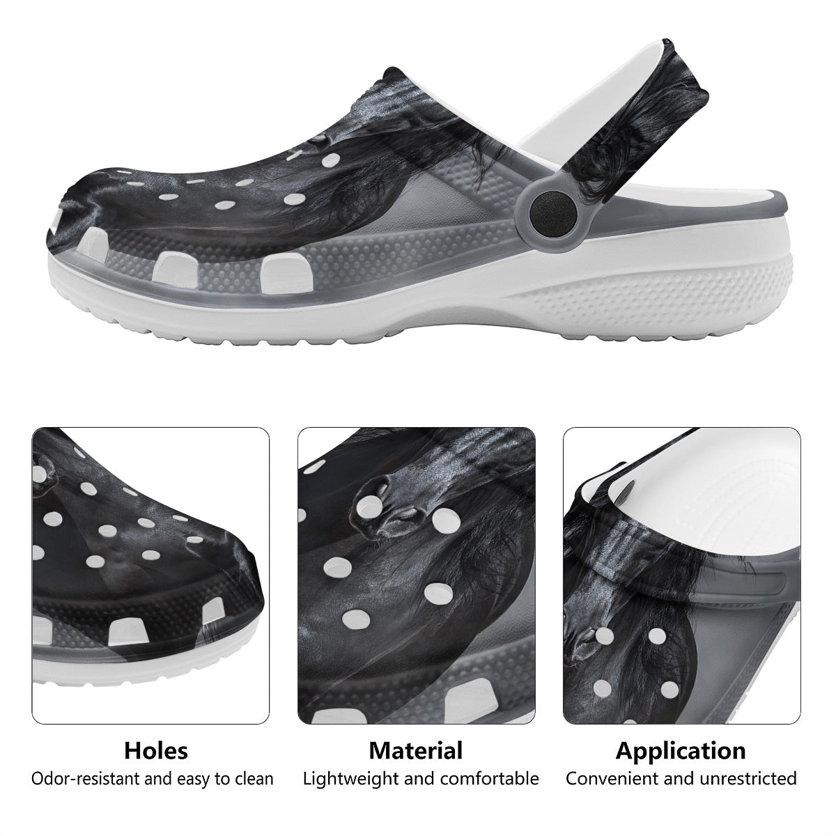 Horse Black Stallion Print Clog-grizzshop