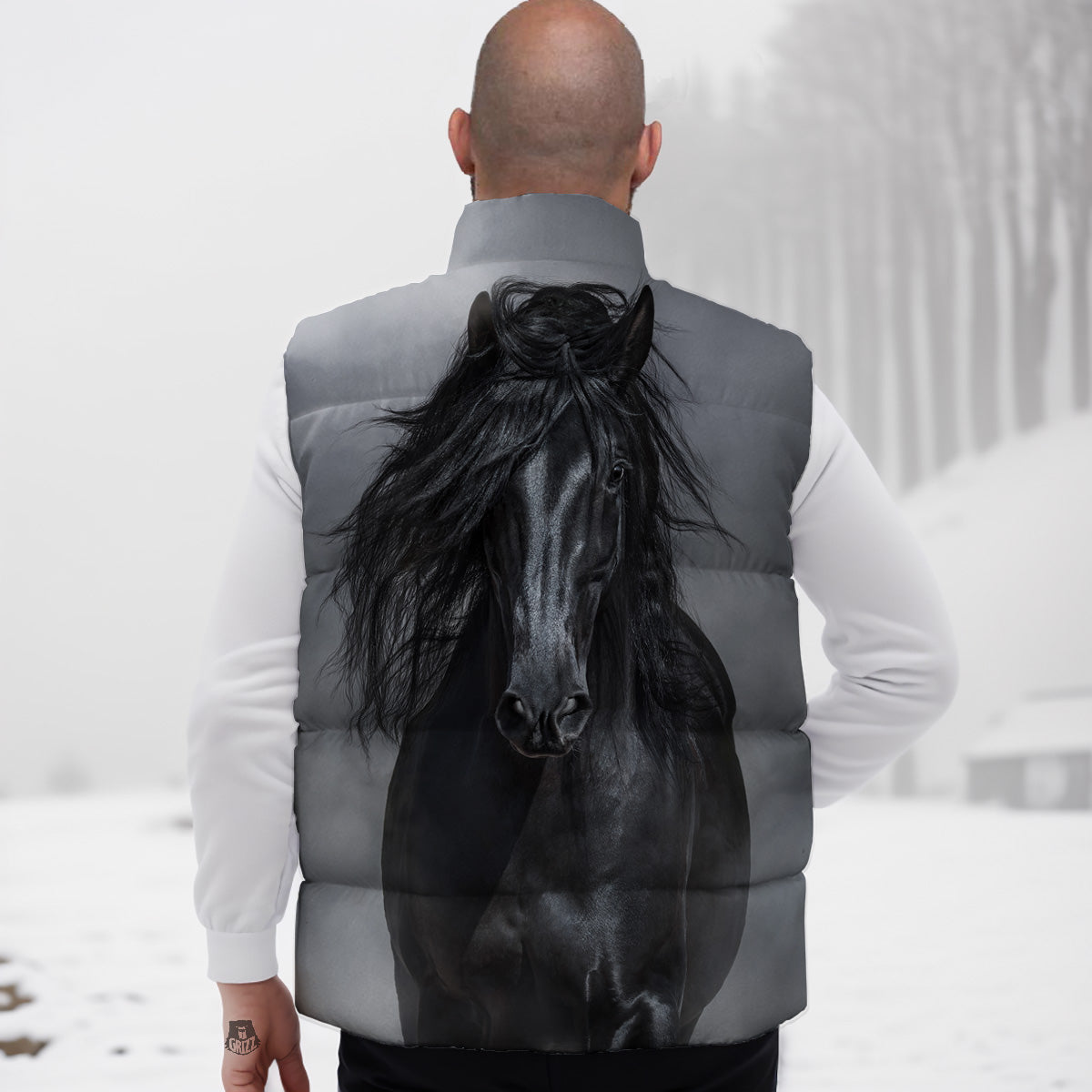 Horse Black Stallion Print Down Vest