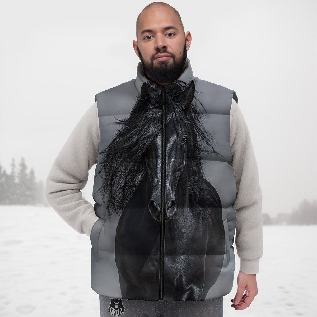 Horse Black Stallion Print Down Vest