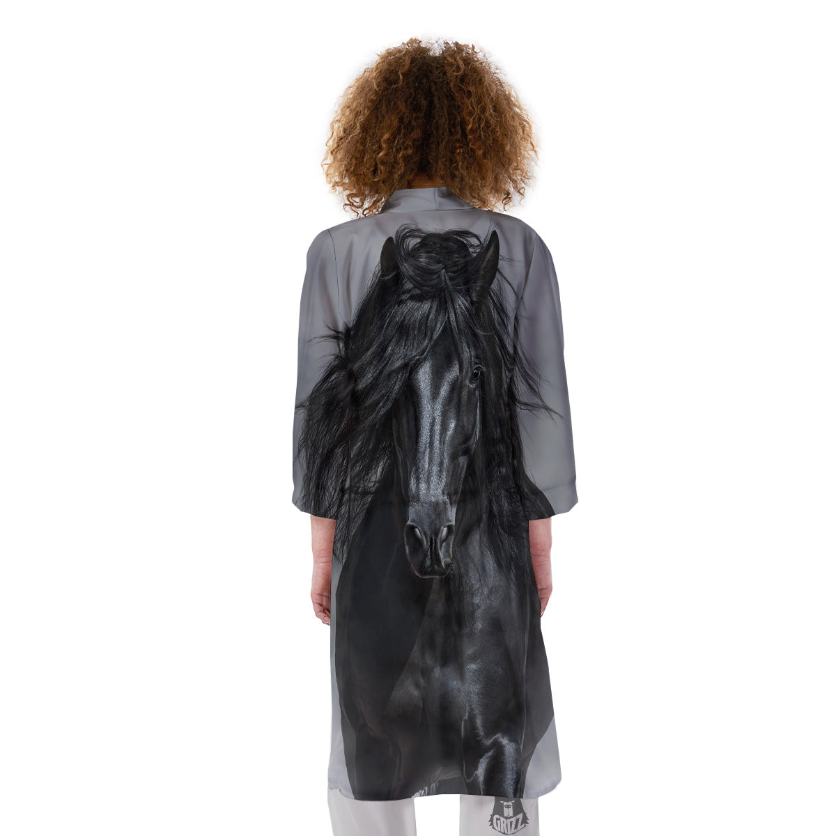 Horse Black Stallion Print Kimono-grizzshop