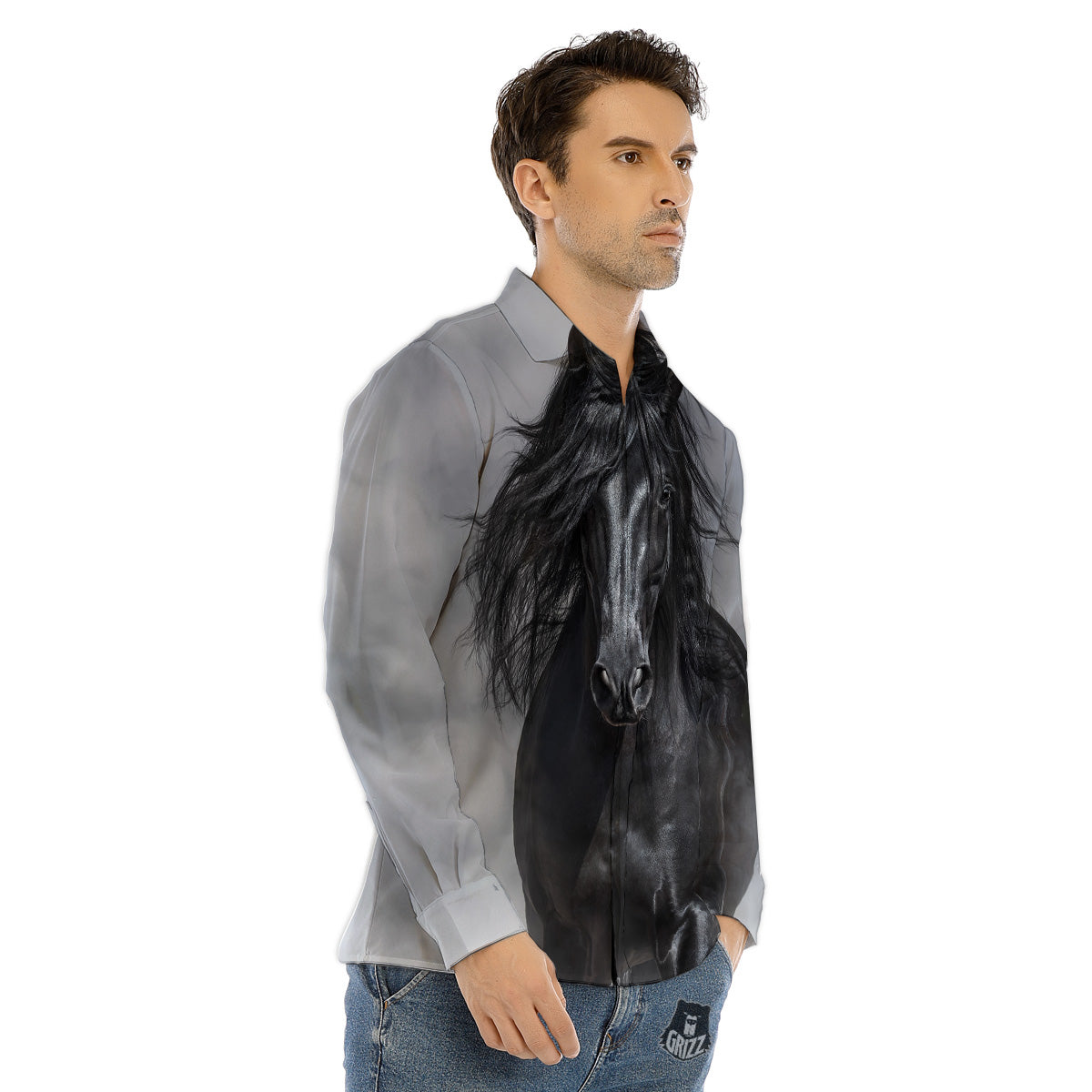 Horse Black Stallion Print Men's Dress Shirts-grizzshop