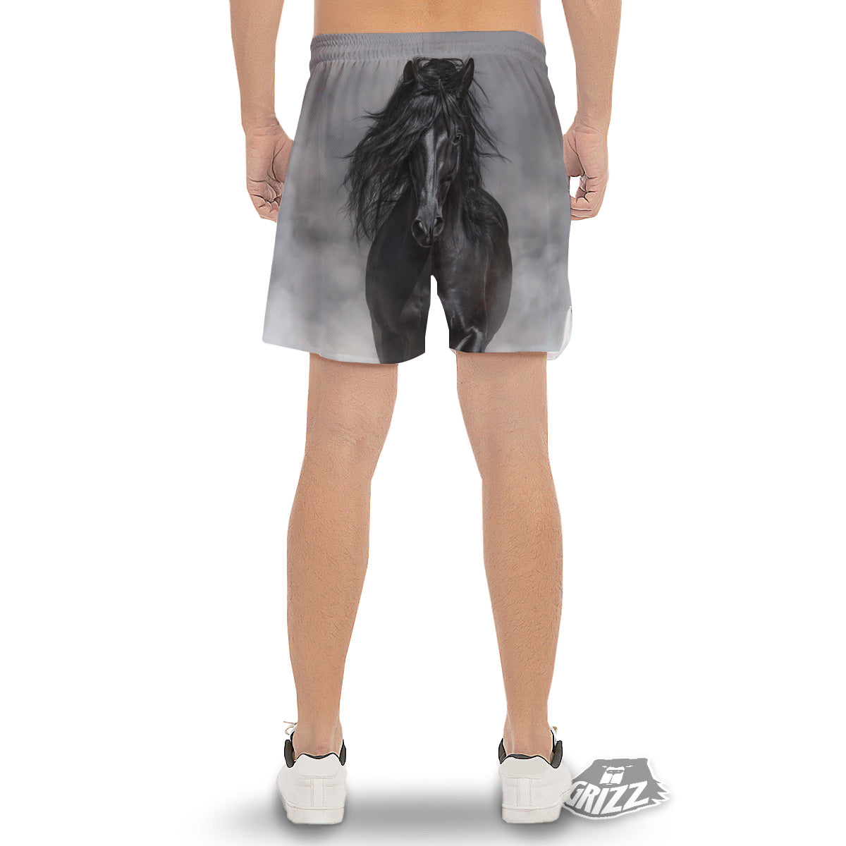 Horse Black Stallion Print Men's Gym Shorts-grizzshop