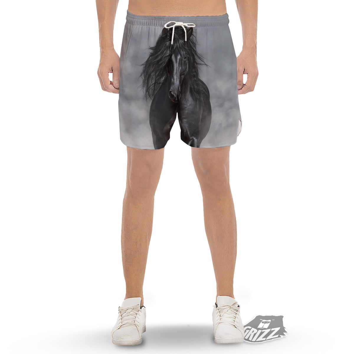 Horse Black Stallion Print Men's Gym Shorts-grizzshop