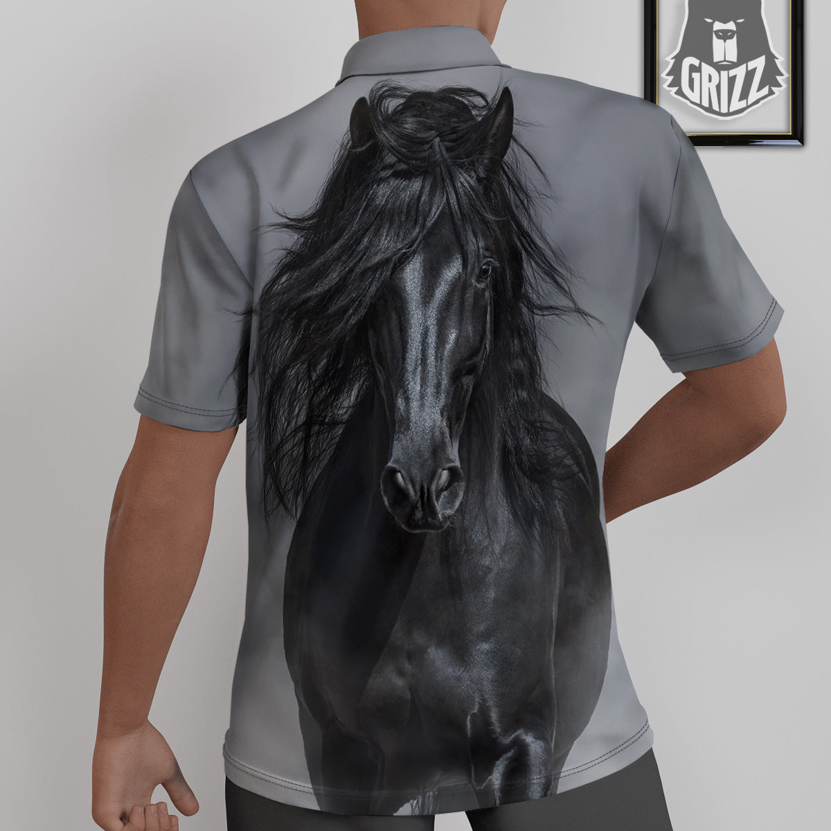 Horse Black Stallion Print Untucked Shirts-grizzshop