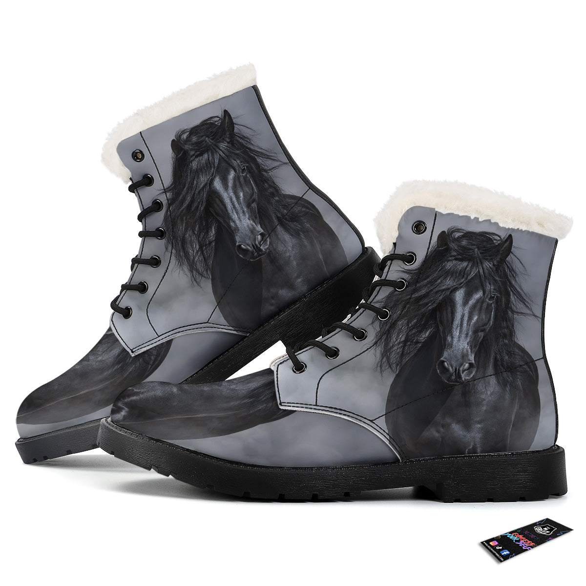Horse Black Stallion Print Winter Boots-grizzshop
