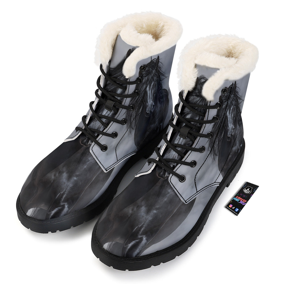 Horse Black Stallion Print Winter Boots-grizzshop