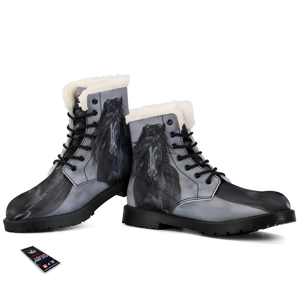 Horse Black Stallion Print Winter Boots-grizzshop