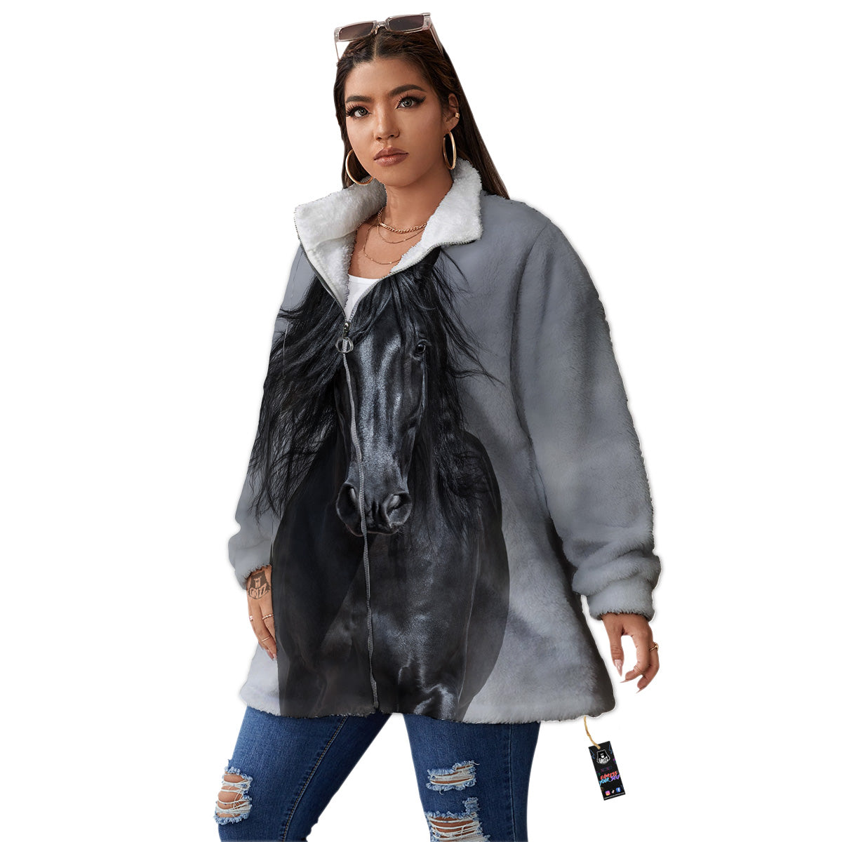 Horse Black Stallion Print Women's Sherpa Jacket-grizzshop