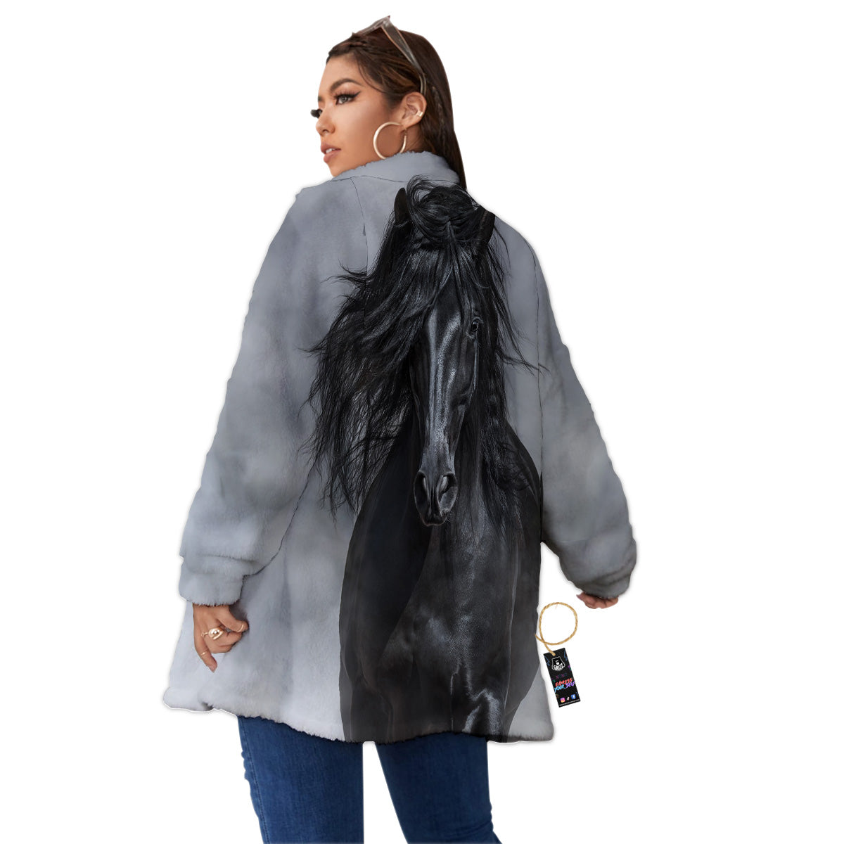 Horse Black Stallion Print Women's Sherpa Jacket-grizzshop