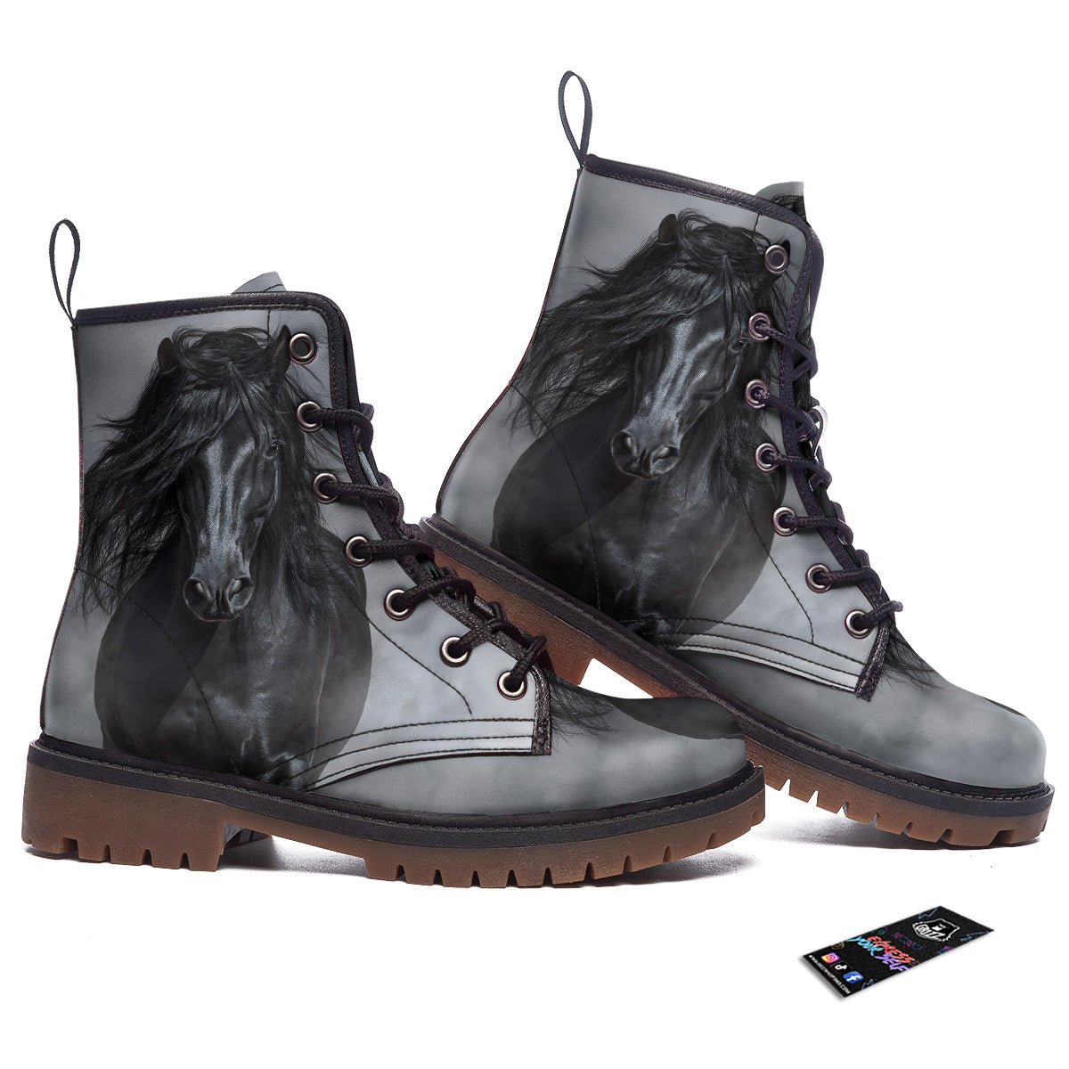 Horse Black Stallion Print Work Boots-grizzshop
