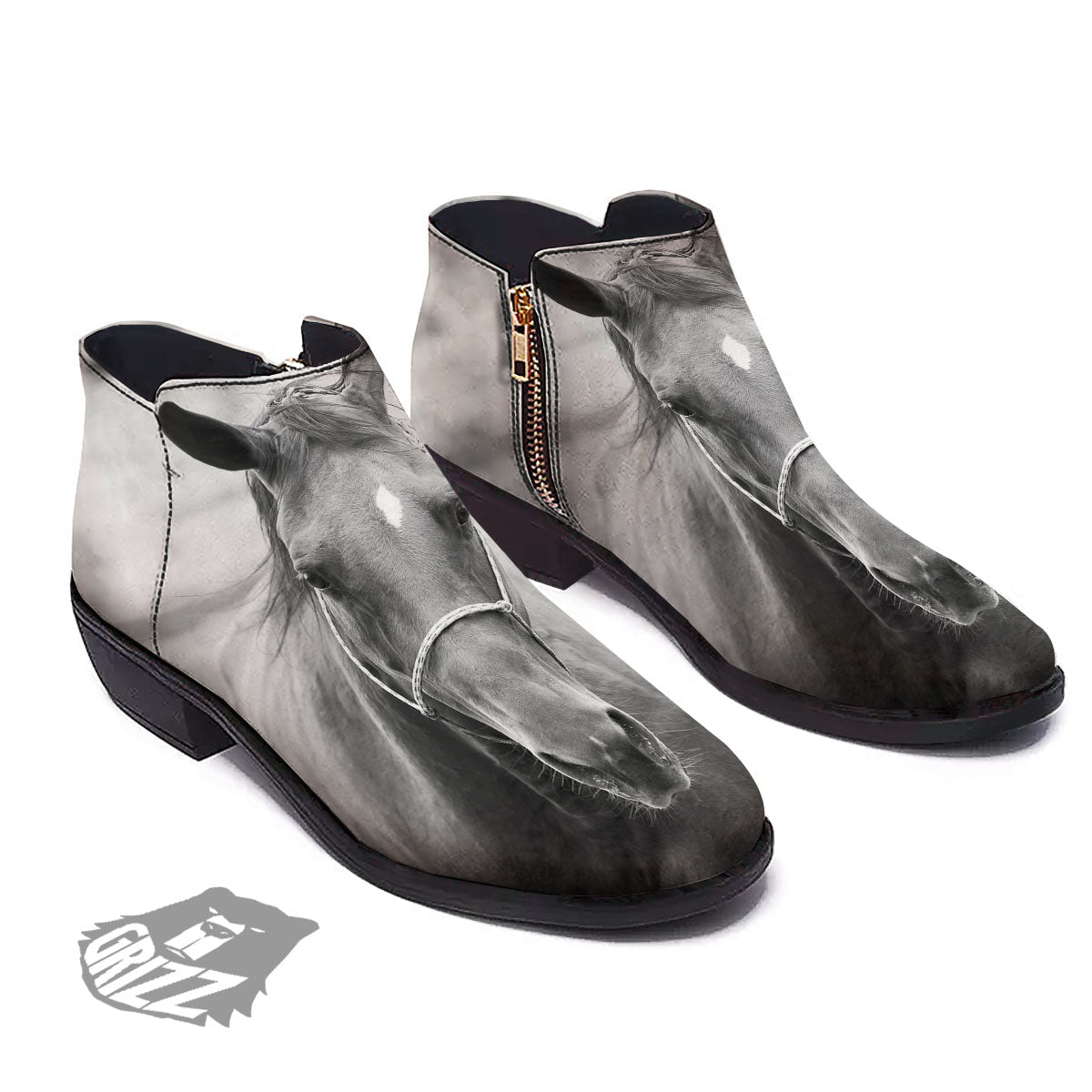 Horse Monochrome Print Ankle Boots-grizzshop