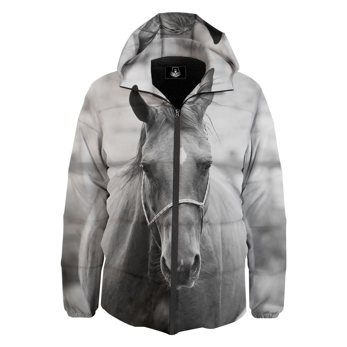 Horse Monochrome Print Down Jacket-grizzshop