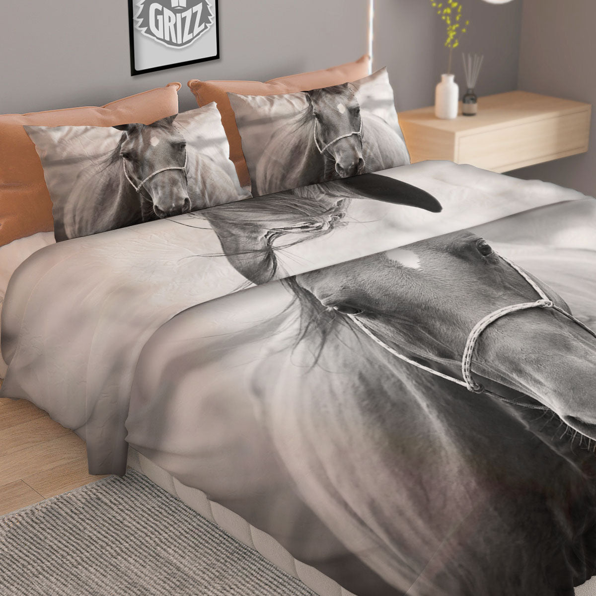 Horse Monochrome Print Duvet Cover Bedding Set