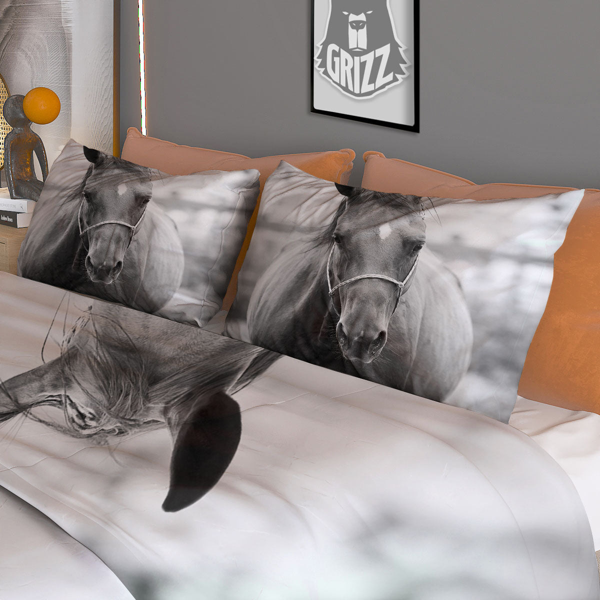 Horse Monochrome Print Duvet Cover Bedding Set