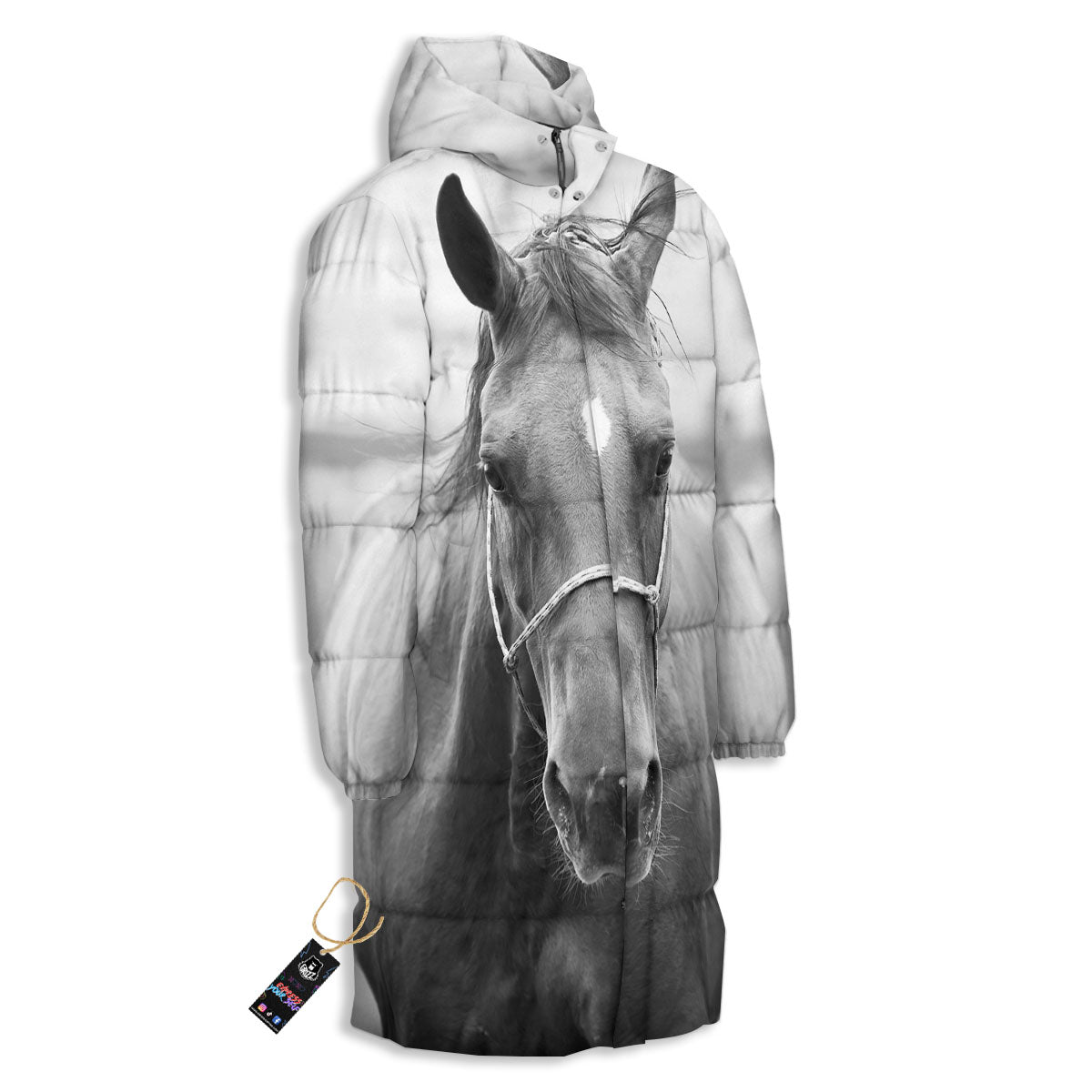 Horse Monochrome Print Long Down Jacket-grizzshop