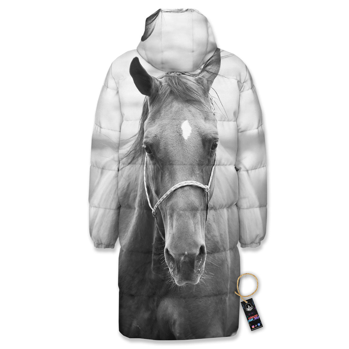 Horse Monochrome Print Long Down Jacket-grizzshop