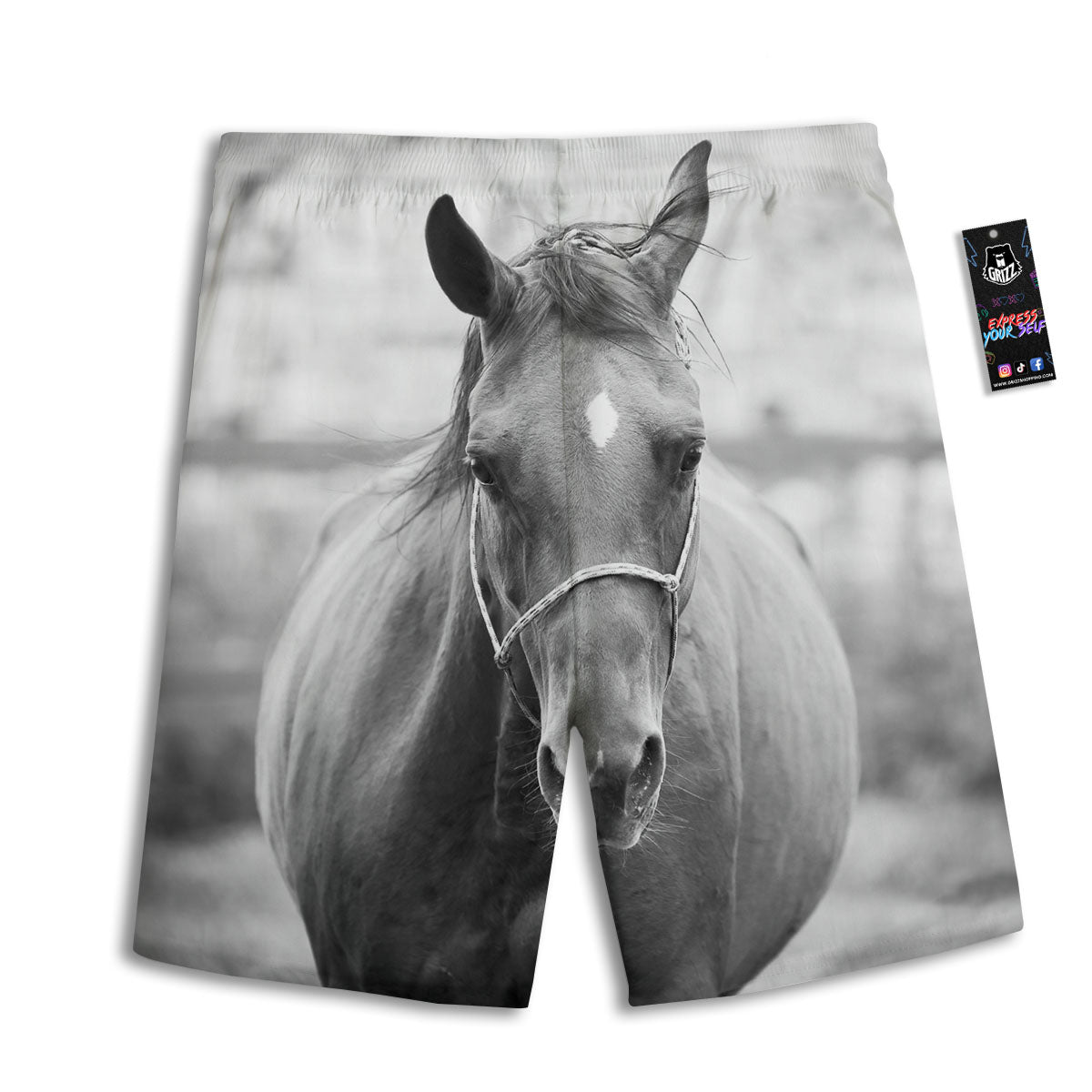 Horse Monochrome Print Men's Athletic Shorts