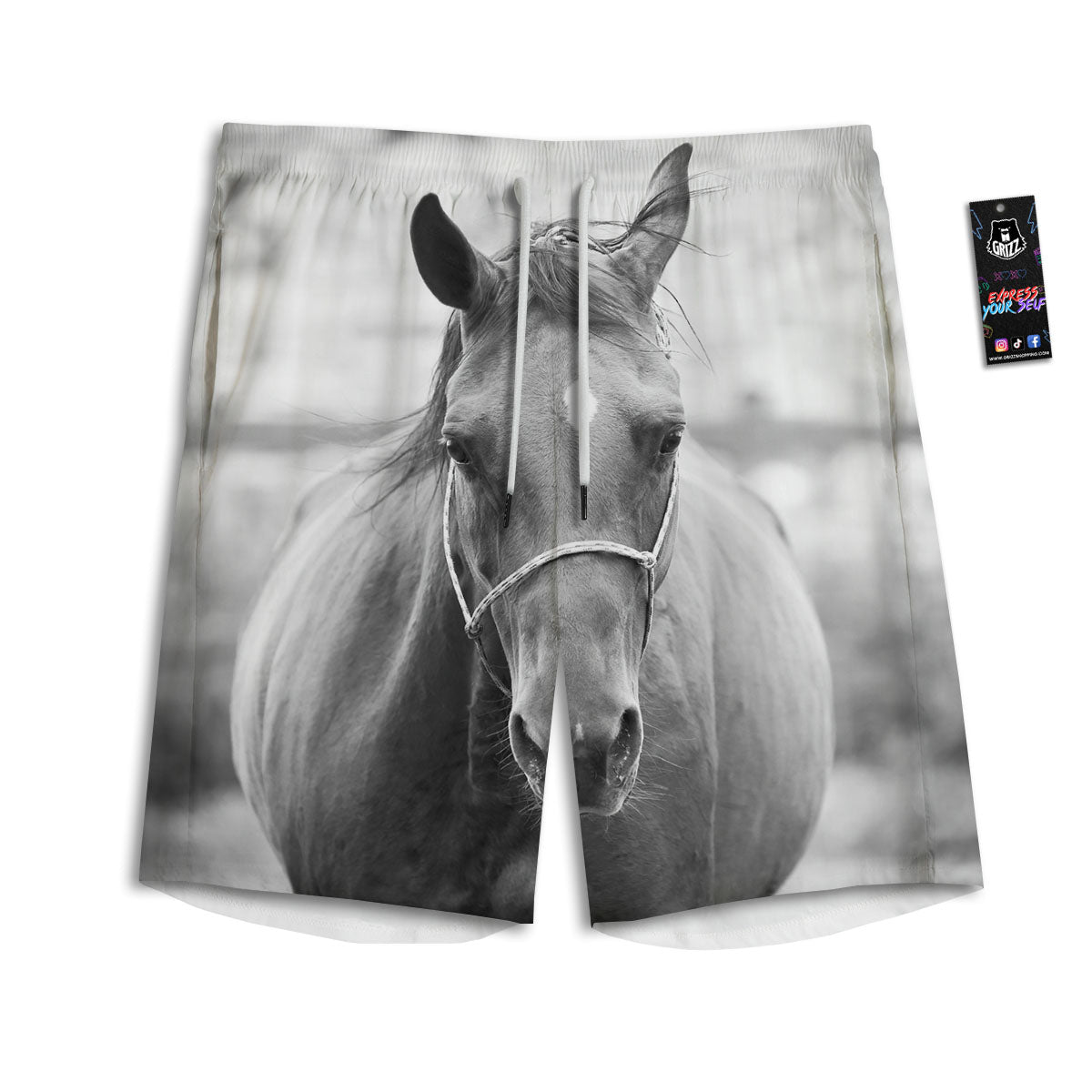 Horse Monochrome Print Men's Athletic Shorts