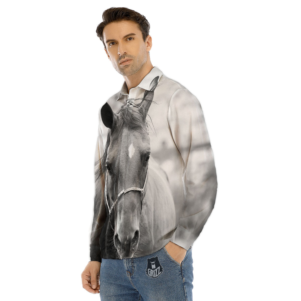 Horse Monochrome Print Men's Dress Shirts-grizzshop