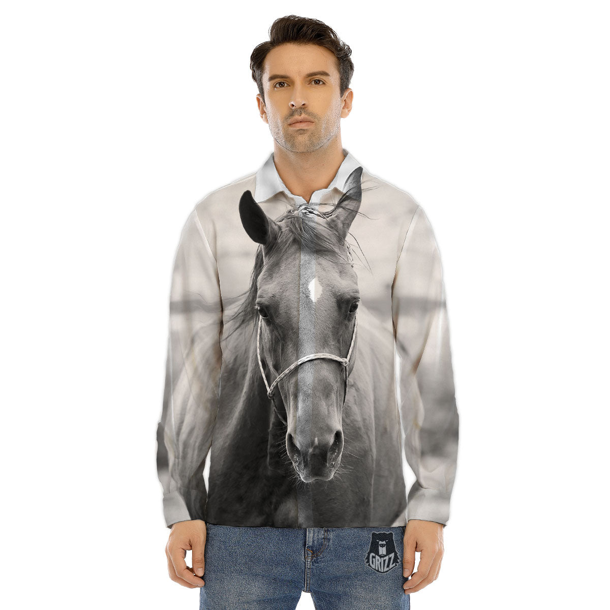 Horse Monochrome Print Men's Dress Shirts-grizzshop