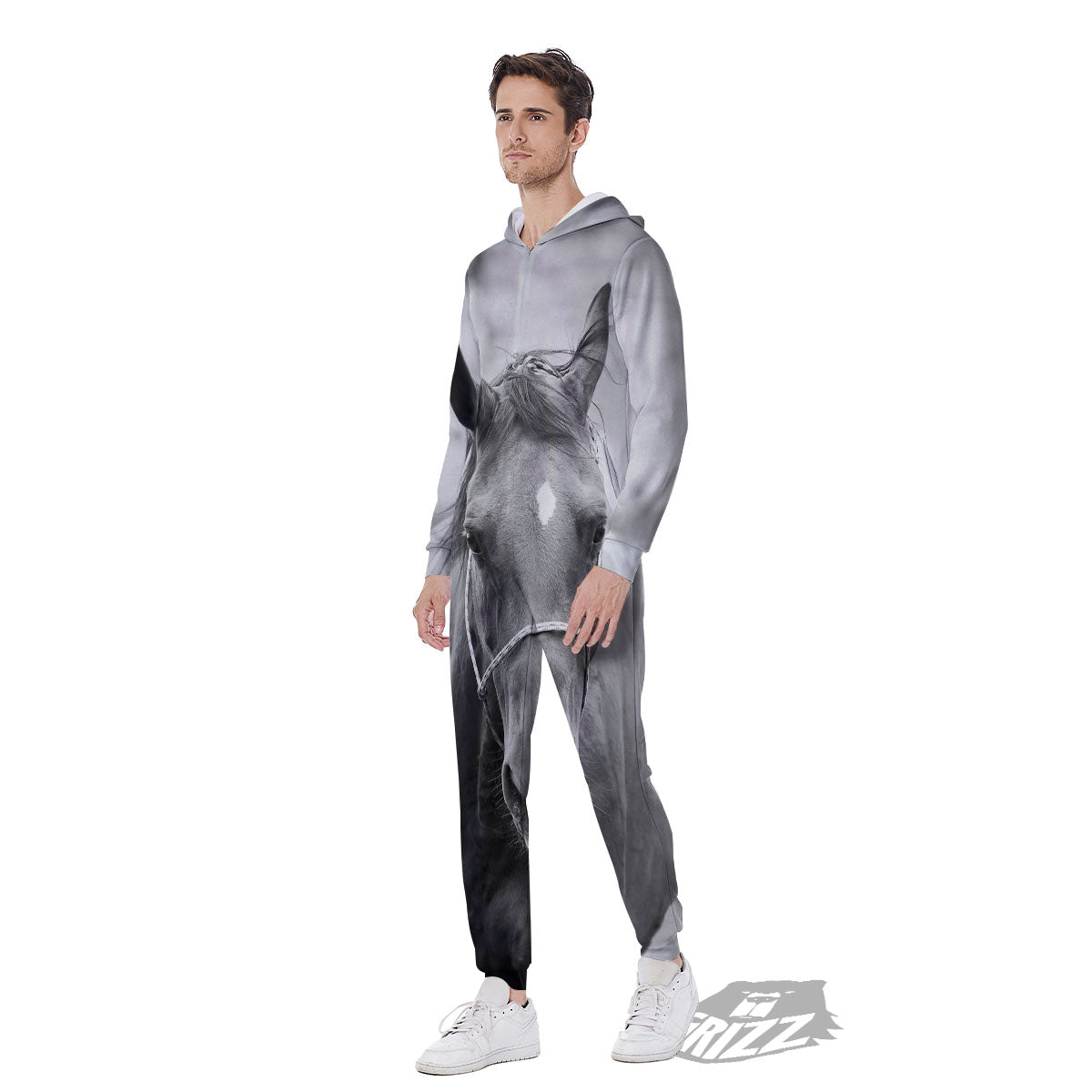 Horse Monochrome Print Men's Jumpsuit-grizzshop