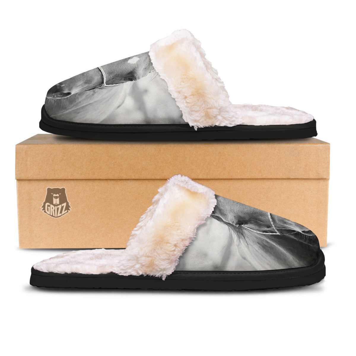 Horse Monochrome Print Slippers-grizzshop