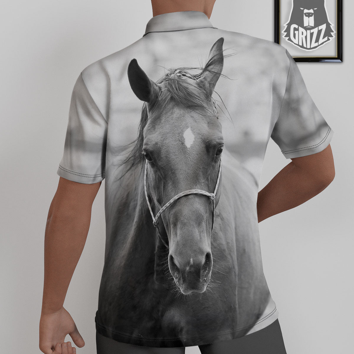 Horse Monochrome Print Untucked Shirts-grizzshop